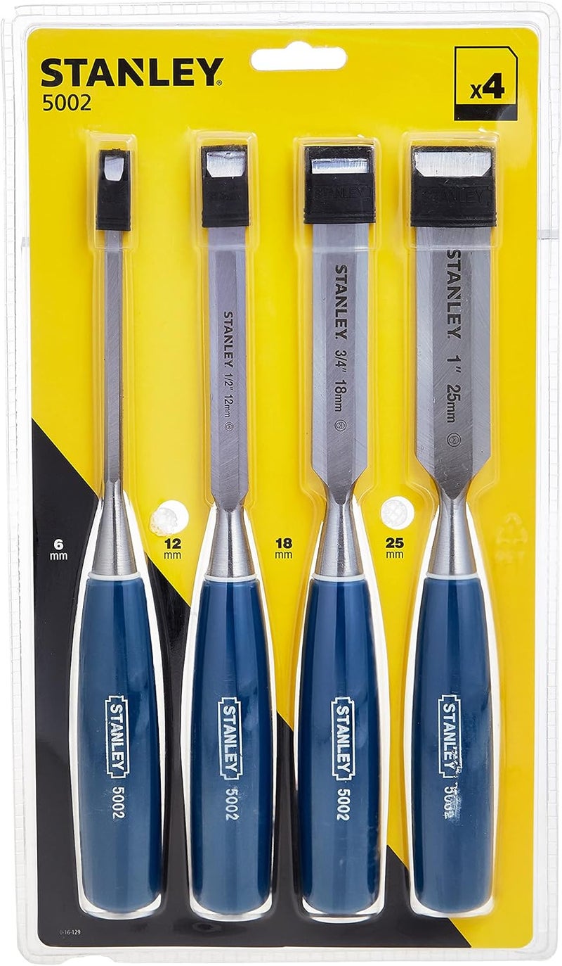 Stanley 4 Piece Steel Blade Chisel Set with Sizes 6mm, 12mm, 18mm, and 25mm - Image 1